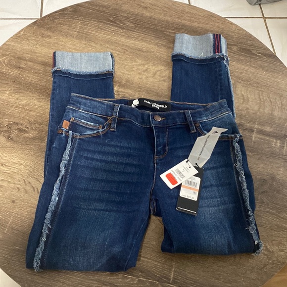 Karl Lagerfeld Paris Fringe Cropped Jeans Denim Womens Size 2 NWT - Picture 3 of 13